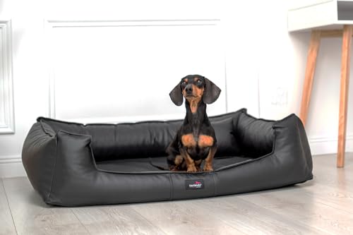 tierlando® Orthopädisches Hundebett Goofy Kunstleder inkl. Matratzenschoner Mittelgroße und Große Hunde Hundesofa Gr. L+ 110cm Schwarz von tierlando