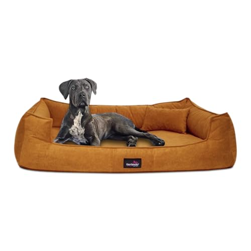 tierlando® Orthopädisches Hundebett Bruce Velours Abnehmbar Waschbar Mittelgroße Große Hunde L XL Hundesofa Hundekorb Viereckig Größe: 110x90cm | Farbe: 18 Ocker Orange von tierlando