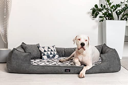 tierlando® Orthopädisches Hundebett Velvet VISCO | Chenille - samtig weicher Velours | Umrandung Grau - Liegefläche Dreieck-Muster (VEL3 90x75 cm - (Innen 60x55 cm), 0205 Graphit-Creme) von tierlando