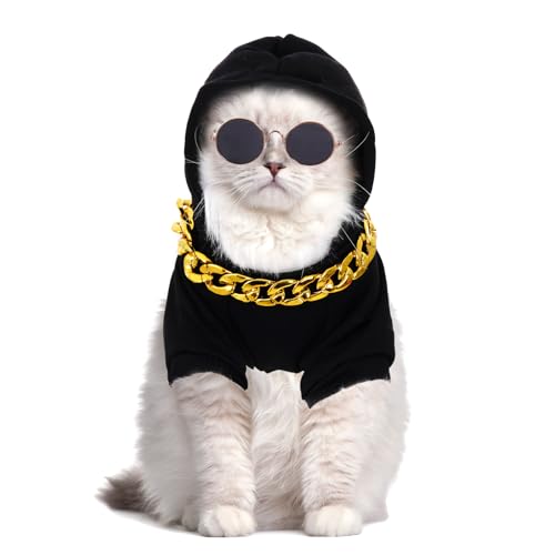 3-teiliges Katzen-Kapuzenpullover-Set für Hunde und Katzen, Disco-Halskette, Rockstar-Sonnenbrille, Haustierkleidung für Welpen, kleine, mittelgroße Haustiere, Halloween, Cosplay, Party (Schwarz, M) von tiggell