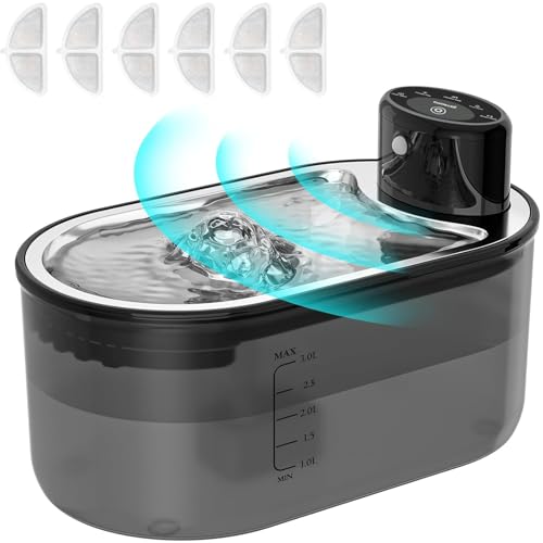 TOMXCUTE 3,0 l Katzenbrunnen mit Bewegungsmelder, 5000mAh Akku Batteriebetrieben Katzentrinkbrunnen Ohne Strom Kabelloser Trinkbrunnen Für Katze, Wasserschale aus Edelstahl * 6 Filters, Schwarz von tomxcute