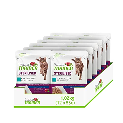 Natural Trainer Sterlisied Adult Nassfutter für Katzen mit Kabeljau und Erbsenfaser, 12 Beutel x 85 g – 1020 g von trainer