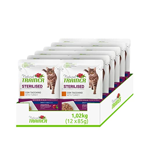 Natural Trainer Sterlisied Adult Nassfutter für Katzen mit Truthahn und Erbsenfaser, 12 Beutel x 85 g – 1020 g von trainer