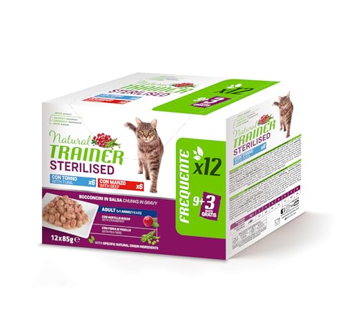 Natural Trainer Nassfutter für Erwachsene Katzen, sterilisiert, Multipack Thunfisch und Rind, 12 x 85 g von trainer