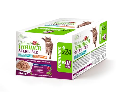 Trainer Sterilisiertes Nassfutter für Erwachsene Katzen, Multipack Truthahn und Kabeljau, 24 x 85 g von trainer