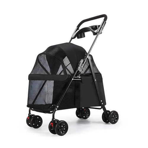 ulafbwur 4 Räder Hunde Kinderwagen, Haustierkatze Fahrt Wagen Kinderwagen Klapper Kinderwagen mit Tassenhalter, sichtbar Schwarz von ulafbwur