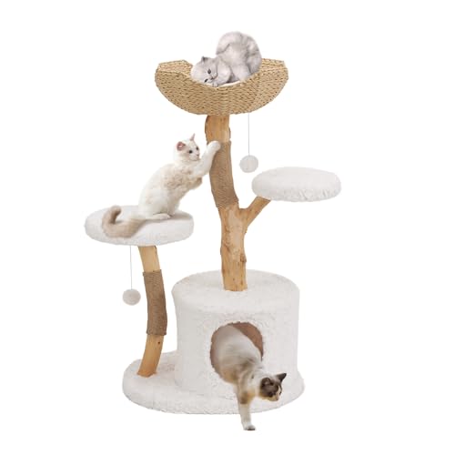 Unipaws Moderner Kratzbaum Turm für kleine und große Katzen, echtes Massivholz Ast Luxus Katzenhaus mit Kratzbaum und Katzenbett, Innenmöbel für Katzenliebhaber Geschenke von unipaws