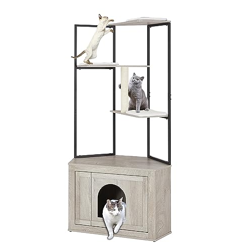 unipaws Eck-Katzentoilettengehege mit Katzenbaum, moderner Katzenturm, versteckter Katzentoilettenschrank mit Kratzbaum und weicher Sitzstange, Indoor Holz Katzenhaus mit mehreren Plattformen von unipaws