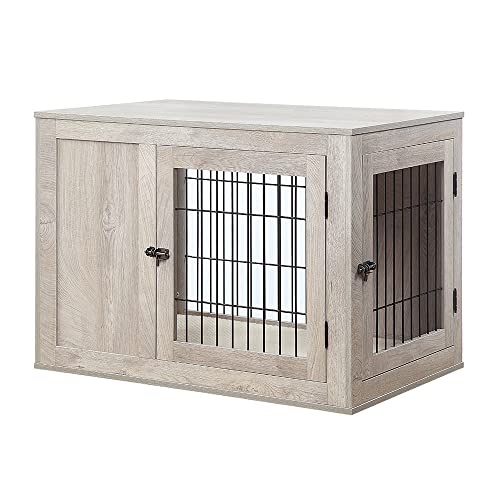 unipaws Furniture Style Hundekäfig Beistelltisch mit Kissen, Holzdraht, Haustierhütte mit Doppeltüren, mittelgroßes Hundehaus für den Innenbereich von unipaws