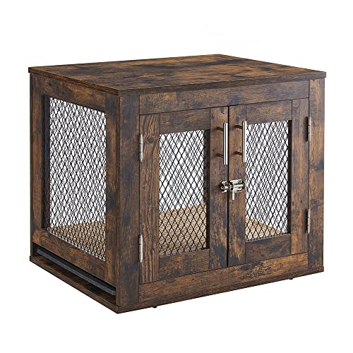 unipaws Kleine Hundebox aus Holz, 61 cm Hundebox mit Tablett und Bett, Möbelbeistelltisch Hundehütten, Hundehaus mit Doppeltüren, Rustikal von unipaws