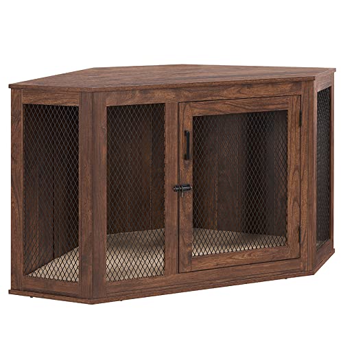 unipaws Große Eckhundebox Hundebox Holz Hundebox Möbel mit Bett Hundehaus Haustierhütte für drinnen Walnuss von unipaws