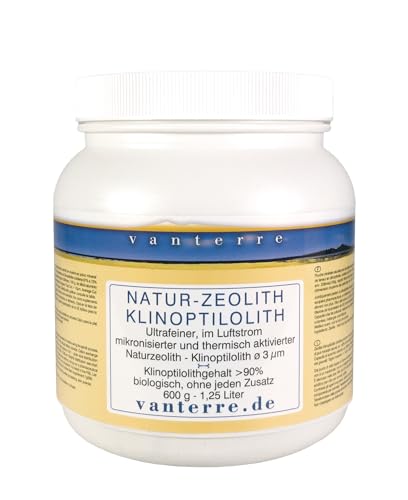 - v a n t e r r e - 600g / 1,25 Liter - ø 3 µm - Premium Natur-Zeolith-Klinoptilolith Pulver - Jetmill Vermahlung, Tribomechanisch mikronisiert und zweifach Thermisch aktiviert von vanterre