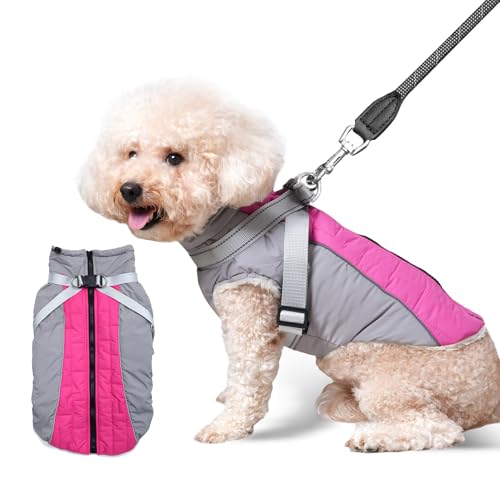 Vecomfy Fleece-Hundemantel mit Geschirr, Outdoor-Welpenjacke für kleine Hunde, warme Hundeweste für den Winter und kaltes Wetter, Rosa, Größe M von vecomfy