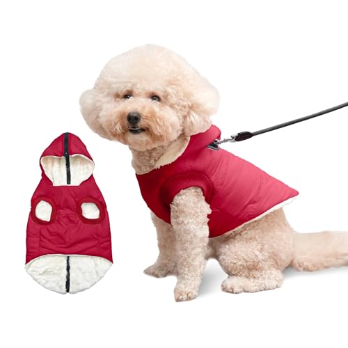 Vecomfy Hunde-Kapuzenpullover mit integriertem Geschirr, extra warm, für kleine Hunde im Winter, Welpenmantel mit Kapuze, Rot, Größe M von vecomfy