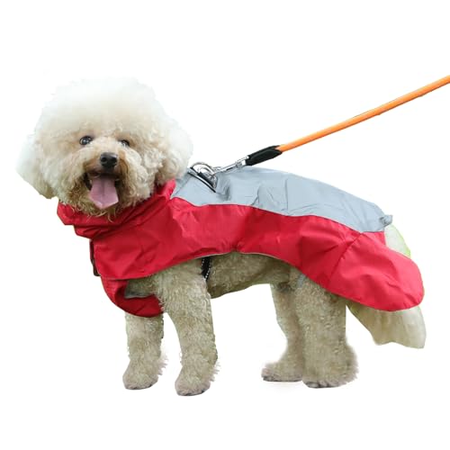 Vecomfy Hunde-Regenmantel mit integriertem Geschirr, wasserdichte Outdoor-Regenjacke für große Hunde, verstellbare Taille mit Riemen, Rot, Größe XL von vecomfy