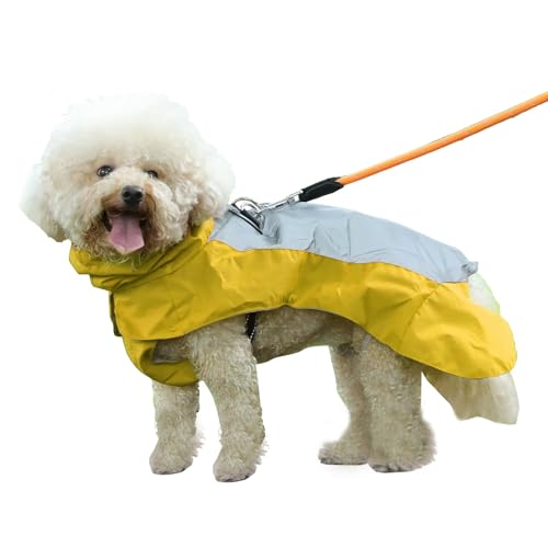 Vecomfy Hunde-Regenmantel mit integriertem Geschirr, wasserdichte Outdoor-Regenjacke für kleine Hunde, verstellbare Taille durch Riemen, Hunde-Regenmantel, Gelb, Größe S von vecomfy