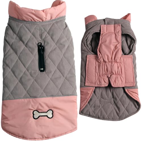 Vecomfy Wendbare Hundemäntel, Hundekleider für mittelgroße Hunde, wasserdicht, warme Baumwolle, Hundejacke für kalten Winter, Rosa und Grau, Größe L von vecomfy