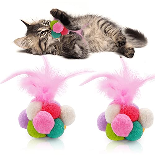 Vepoty Pet Cat Toy Ball 2pcs Cat Pompom Ball Interaktives Spielzeug Bunter Plüsch-Hüpfball für Katzen-Kätzchen-Trainingsspiel von Vepoty