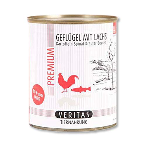 veritas Premium Geflügel mit Lachs, Kartoffeln, Spinat, Kräutern und Beeren 800g Nassfutter | 65% Fleisch- und Fischanteil | Hundenahrung | ohne Konservierungsstoffe (10x800g) von veritas