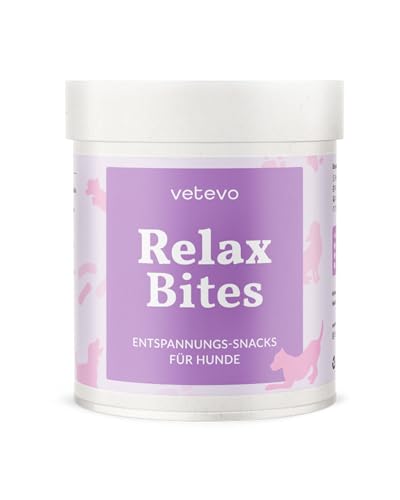 vetevo Relax Bites Beruhigungsmittel, Anti Stress Snack Hund mit Baldrian, Passionsblume & Melisse, bei Stress, Zittern, Angst, Seelenruhe – 300g Dose von vetevo