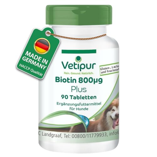 Fairvital | Vetipur Biotin Tabletten für Hunde - 90 Tabletten - Biotin Komplex 800µg - mit Kupfer, Zink und andere B-Vitamine - Futterergänzung für Hunde von vetipur