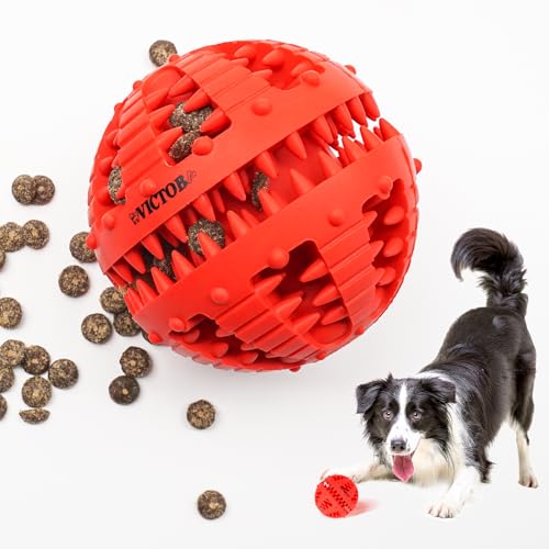 victob Hunde-Puzzle, Kauspielzeug-Bälle, 8,9 cm, interaktives Hundespielzeug, Ball für Leckerli-Dosierung, langlebiger Gummi-Hunde-Leckerli-Ball für Zähne, große Rassen, Zahnreinigungsbälle, Rot von victob