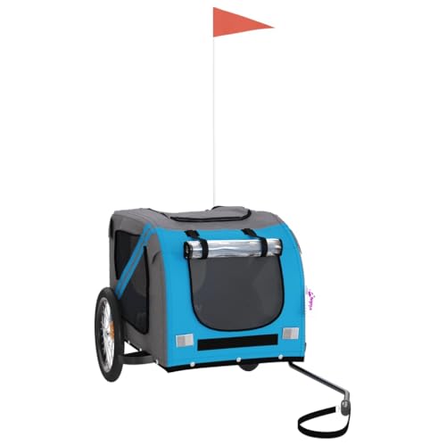 vidaXL Fahrradanhänger für Hunde, Hundeanhänger mit Reflektoren Flagge, Hundetransporter Maximale Belastbarkeit 45kg, Blau Grau Oxford-Gewebe Eisen von vidaXL