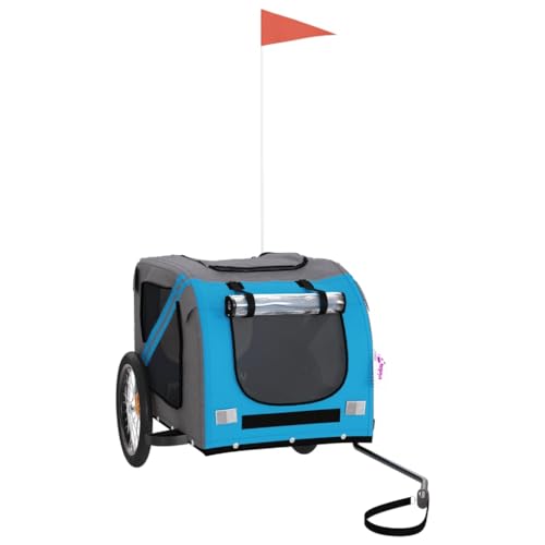 vidaXL Fahrradanhänger für Hunde, Hundeanhänger mit Reflektoren Flagge, Hundetransporter Maximale Belastbarkeit 45kg, Blau Grau Oxford-Gewebe Eisen von vidaXL