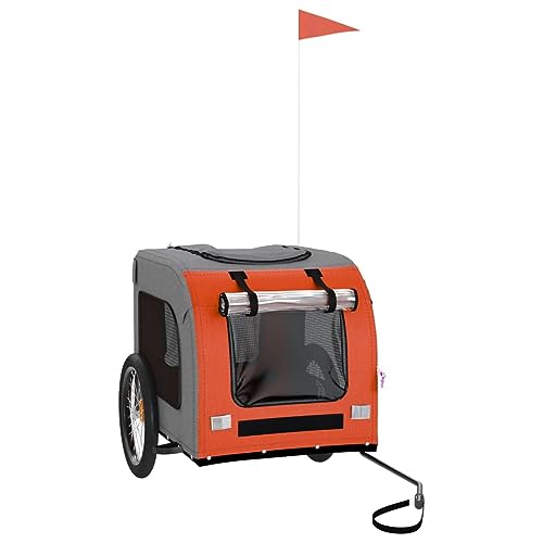 vidaXL Fahrradanhänger für Hunde, Hundeanhänger mit Reflektoren Flagge, Hundetransporter Maximale Belastbarkeit 45kg, Orange Grau Oxford-Gewebe Eisen von vidaXL