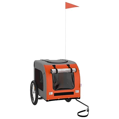 vidaXL Fahrradanhänger für Hunde, Hundeanhänger mit Reflektoren Flagge, Hundetransporter Maximale Belastbarkeit 45kg, Orange Grau Oxford-Gewebe Eisen von vidaXL