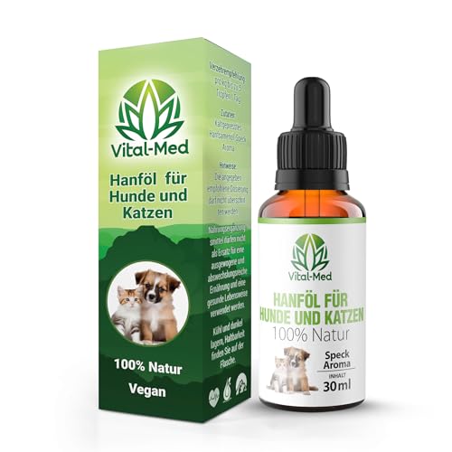 Vital-Med - Extra Starkes und hochdosiertes Hanföl für Hunde & Katzen - 30ML (750 Tropfen) - Premium Vital Hanfsamenöl - 100% Natur - Hanftropfen mit Omega 3-6-9 (Bacon) von vitalmed