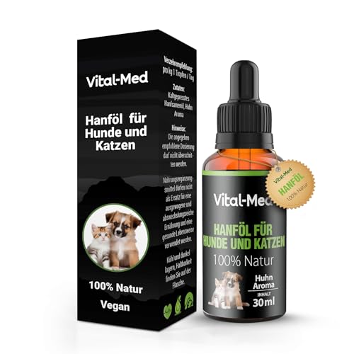 Vital-Med - Extra Starkes und hochdosiertes Hanföl für Hunde & Katzen - 30ML (750 Tropfen) - Premium Vital Hanfsamenöl - 100% Natur - Hanftropfen mit Omega 3-6-9 (Huhn) von vitalmed