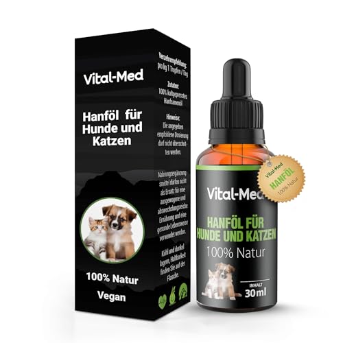 Vital-Med - Extra Starkes und hochdosiertes Hanföl für Hunde & Katzen - 30ML (750 Tropfen) - Premium Vital Hanfsamenöl - 100% Natur - Hanftropfen mit Omega 3-6-9 (Neutral) von vitalmed