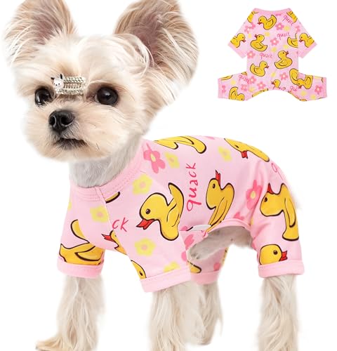 Hunde-Pyjama, Sommer-Hundekleidung für kleine, mittelgroße Hunde, Jungen, Mädchen, niedlicher Hunde-Einteiler, atmungsaktiv, Welpenkleidung, weich, dehnbar, Katzen-Haustier-Outfit (Gelb, Größe S) von viunimo