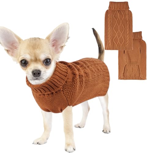 Hundepullover für kleine Hunde, gestrickt, Herbst-Hundepullover, Dackel, warme Hundekleidung, für Mädchen und Jungen, Winter, Haustier, Katze, Hunde-Outfit, Erntedankfest, Größe XS - L (Braun, L) von viunimo