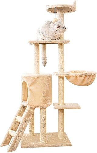 Cat Apartments Katzenturm, Kätzchen-Spielhaus, Katzen-Klettergerüst mit Sisal-Kratzbaum, bewohnbares Haus, Hängematte, Katzenbaum-Turm (Farbe: Beige, Größe: 50,0 x 35,0 x 138,0 cm) (Be von vkeid