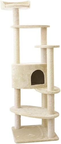 Cat Apartments Mehrschichtiger Kratzbaum mit mit Sisal bedeckten Handläufen, Katzenklettergerüst mit Sisal-Haltepfosten, Katzenturm, Kratzbaumturm (Farbe: Beige, Größe: 50 x 50 x 156 cm) (Be von vkeid