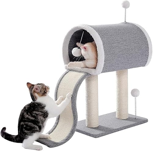 Cats Tree Condo Activity Tower-Möbel mit Kratzbaumrutsche und baumelnden Bällen in Grau von vkeid