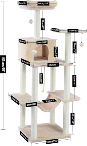 Katzenkletterbaum, Haustier-Katzenbaum, mehrstöckiges Katzenhaus, großer Bass, Haltegriff und Hängematte, Katzen-Klettergerüst, Katzenhaus-Möbel, geeignet zum Spielen und Ausruhen für Kätzchen und von vkeid