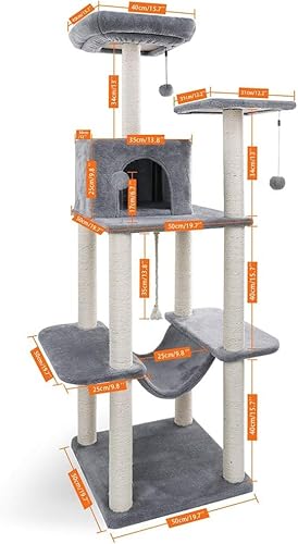 Katzenkletterbaum Haustier-Katzenbaum, mehrstöckiges Katzenhaus, großer Bass, Haltegriff und Hängematte, Katzenklettergerüst, Katzenhausmöbel zum Spielen und Ausruhen für Kätzchen und große Katzen von vkeid