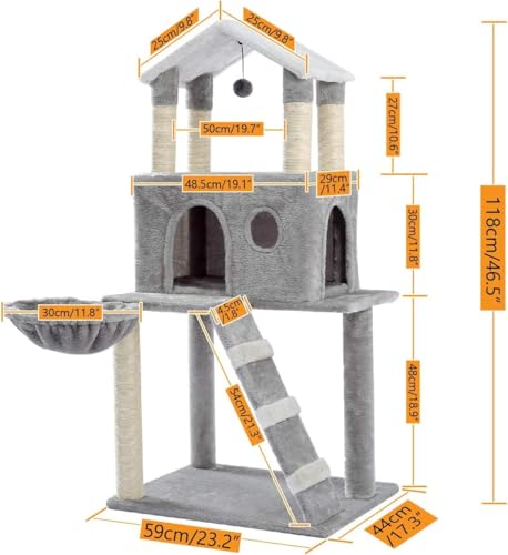 Katzenkletterbaum Haustier-Katzenbaum, mehrstöckiges Katzenhaus, großer Bass, Haltegriff und Hängematte, Katzenklettergerüst, Katzenhausmöbel zum Spielen und Ausruhen für Kätzchen und große Katzen von vkeid