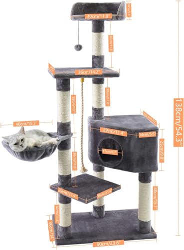 Katzenkletterbaum Haustier-Katzenbaum, mehrstöckiges Katzenhaus, großer Bass, Haltegriff und Hängematte, Katzenklettergerüst, Katzenhausmöbel zum Spielen und Ausruhen für Kätzchen und große Katzen von vkeid