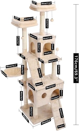 Katzenkletterbaum Haustier-Katzenbaum, mehrstöckiges Katzenhaus, großer Bass, Haltegriff und Hängematte, Katzenklettergerüst, Katzenhausmöbel zum Spielen und Ausruhen für Kätzchen und große Katzen von vkeid