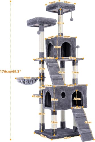 Kratzbaum, mehrstöckiges Katzenhaus, großer Bass, Haltegriff und Hängematte, Katzenklettergerüst zum Spielen und Ausruhen, geeignet für große Katzen und Kätzchen, Kratzbaummöbel, AMT0051GY von vkeid