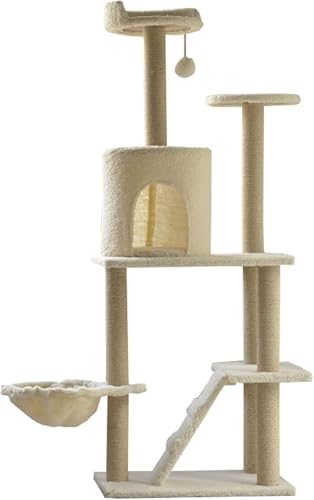 Mehrstöckiges Katzenbaum-Ständerhaus mit Hängematte und Kratzbäumen für die Spielruhe von Katzen im Innenbereich von vkeid