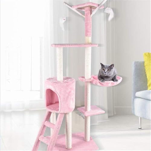 Spieltürme für Katzen, Massivholz-Winterkatzen-Klettergerüst, Katzennest, kleines Katzenspielzeug und Sisal-Katzenvilla, Katzensprungbrettbäume für Katzen (Farbe: Rosa, Größe: 48 x 34 x 138 cm) (Rosa von vkeid