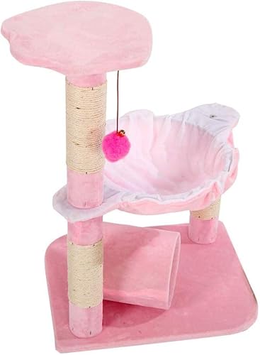 Süße Katze klettert auf Baumspielzeug, rosa Kratzbaumturm für Katze von vkeid