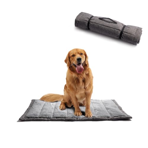 vmgreen Outdoor-Hundebett, tragbare Hunde-Reisematte, Roll-Haustier-Campingausrüstung, Kistenunterlage mit Tragegriffen für große Hunde, super weich, maschinenwaschbar, 106,7 x 71,1 cm, Grau von vmgreen