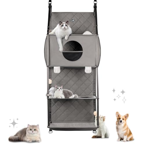 Hängender Kratzbaum - Tür montiert Climber Katze Wand Katze Hängematte für Indoor, Hanging/erhöhte Bett - 4 Geschichte mit abnehmbaren Kissen, Ball Spielzeug und Rollolo Katzenmöbel von wakytu