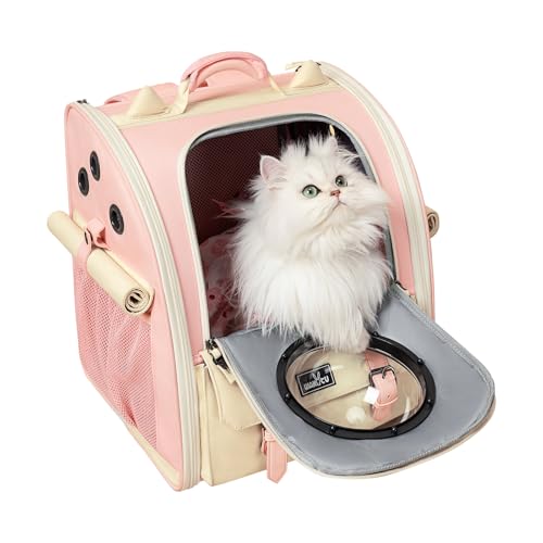 Wakytu Clear Bubble Cat Carrier Rucksack, Space Capsule Pet Carrier Rucksack für große Katzen und kleine Hunde, atmungsaktiver Hunderucksack Carrier für Reisen und Wandern, Rosa von wakytu